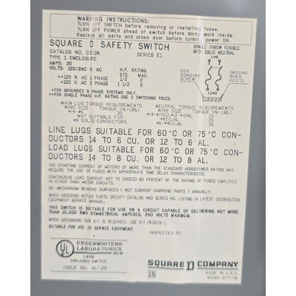 Square D D211N Fusible Safety Switch 30A 120/240V Indoor NEMA 1 Disconnect - Picture 8 of 9